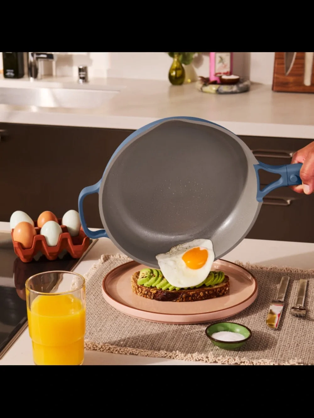 Our Place Always Pan® 2.0 in Salt Blue with lid, spatula, & steamer basket